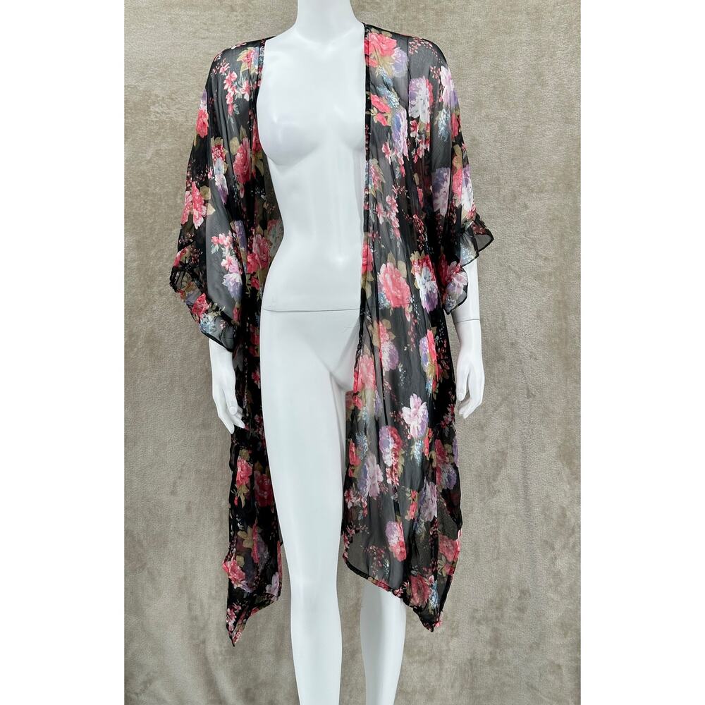 Betsey Johnson Top Women One Size Kimono Black Floral Duster Sheer Boho Festival